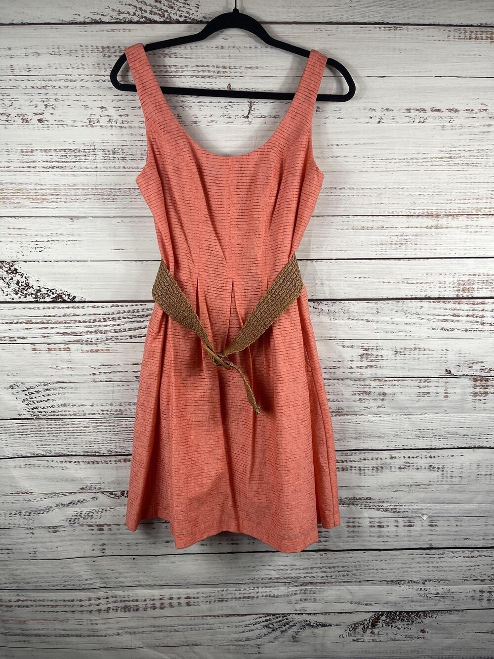 Nine West Dress Women's 10 Coral Sleeveless Belted Fit And Flare A Line Textured